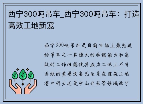 西宁300吨吊车_西宁300吨吊车：打造高效工地新宠